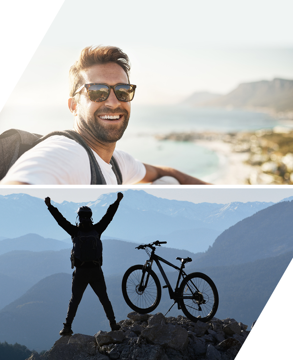Für alles, was das Leben bringt Geteiltes Bild: Links lächelt ein Mann mit Sonnenbrille vor einer Küstenlandschaft, rechts steht eine Person mit erhobenen Armen neben einem Fahrrad auf einem Berggipfel vor einem alpinen Panorama.