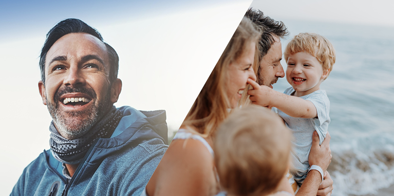 Mitsubishi Aktionsangebote Geteiltes Bild: Links ein lächelnder Mann im Freien; rechts ist eine Familie mit 2 Kindern zu sehen, die gemeinsam Zeit an der Küste verbringt.