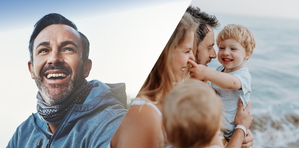 Mitsubishi Aktionsangebote Geteiltes Bild: Links ein lächelnder Mann im Freien; rechts ist eine Familie mit 2 Kindern zu sehen, die gemeinsam Zeit an der Küste verbringt.