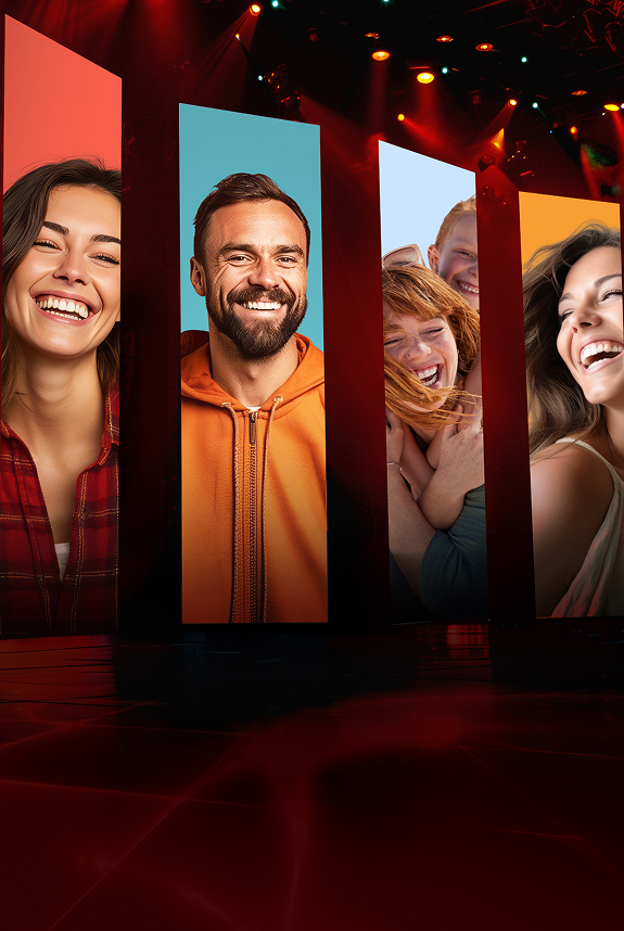 Eine Bühne mit Bannern auf denen lachende Menschen zu sehen sind