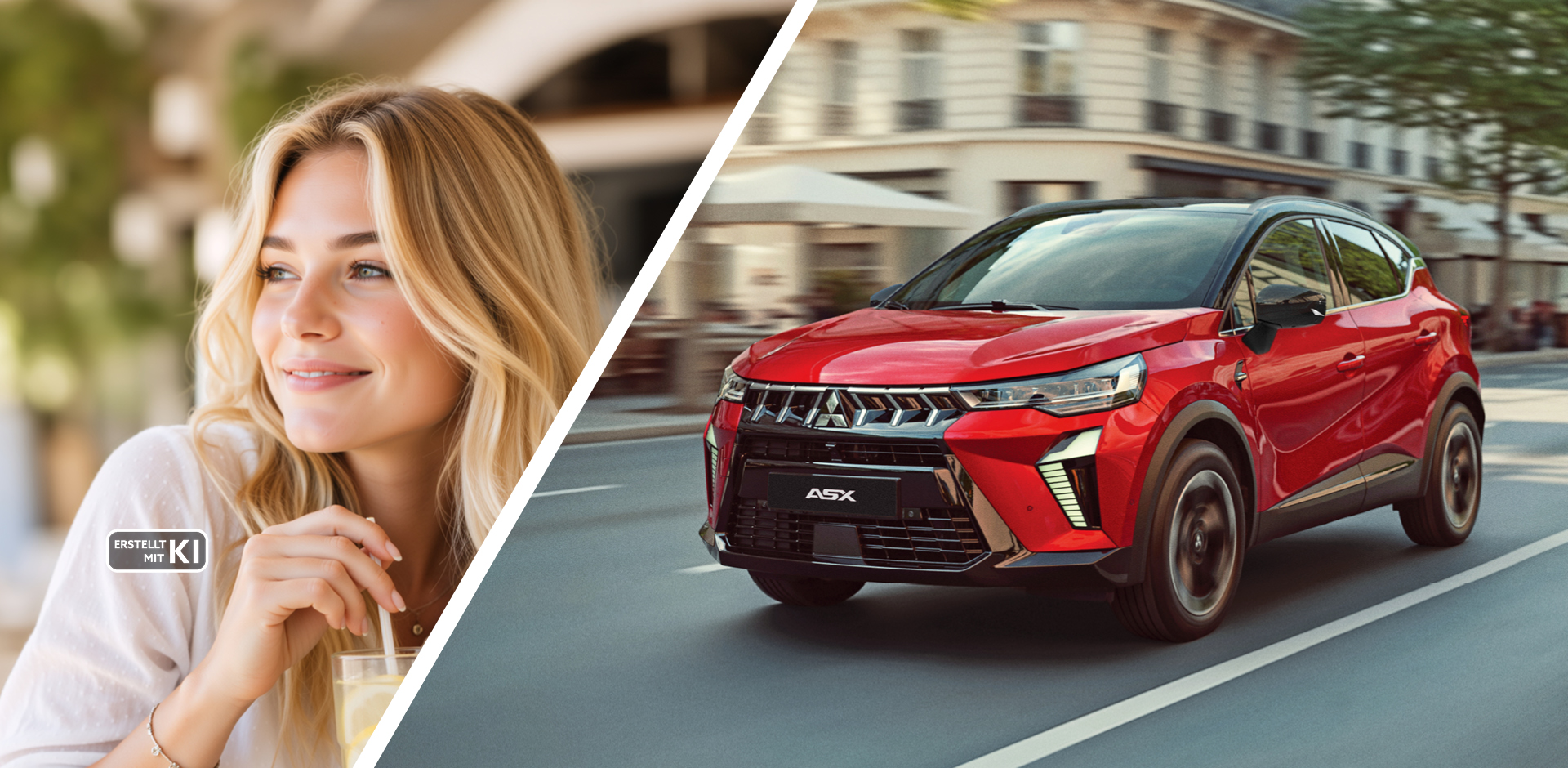 Der Mitsubishi ASX – Für alles, was das Leben bringt Geteiltes Motiv mit einer lächelnden blonden Frau und einem roten Mitsubishi ASX, der durch eine urbane Straße fährt; Erstellt mit KI