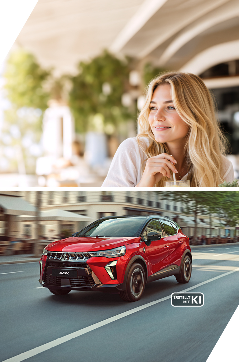 Der Mitsubishi ASX – Für alles, was das Leben bringt Geteiltes Motiv mit einer lächelnden blonden Frau und einem roten Mitsubishi ASX, der durch eine urbane Straße fährt; Erstellt mit KI
