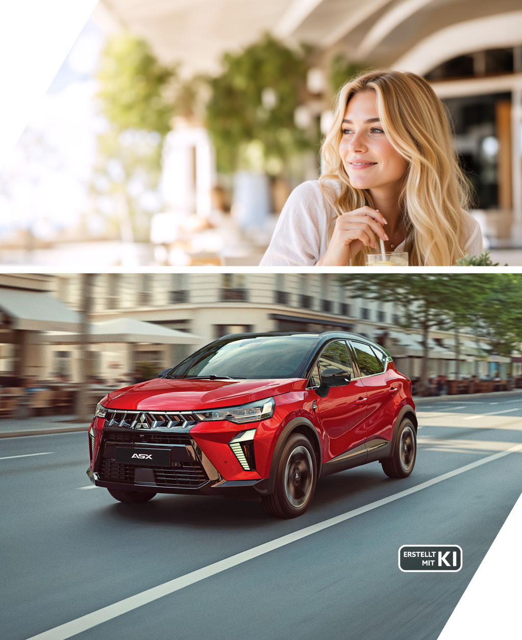 Der Mitsubishi ASX – Für alles, was das Leben bringt Geteiltes Motiv mit einer lächelnden blonden Frau und einem roten Mitsubishi ASX, der durch eine urbane Straße fährt; Erstellt mit KI