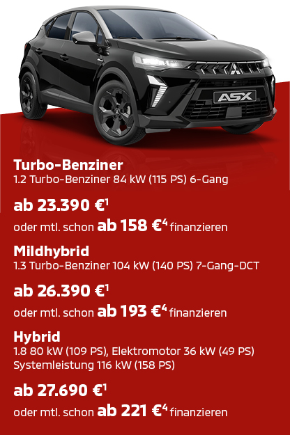 Schwarzer Mitsubishi ASX Black in der Seitenansicht mit Preis- und Ausstattungsinfo.