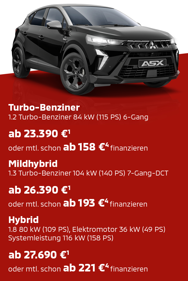 Schwarzer Mitsubishi ASX Black in der Seitenansicht mit Preis- und Ausstattungsinfo.