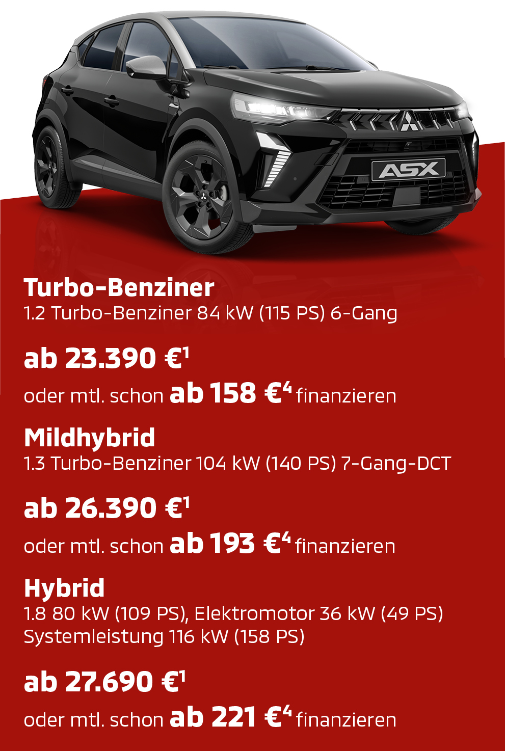 Schwarzer Mitsubishi ASX Black in der Seitenansicht mit Preis- und Ausstattungsinfo.