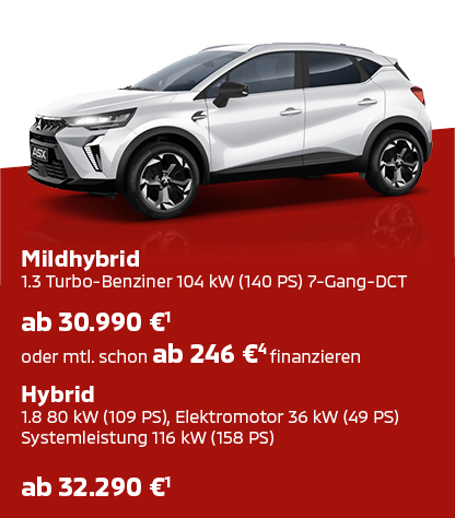 Wei&szlig;er Mitsubishi ASX Select in der Seitenansicht mit Preis- und Ausstattungsinfo.