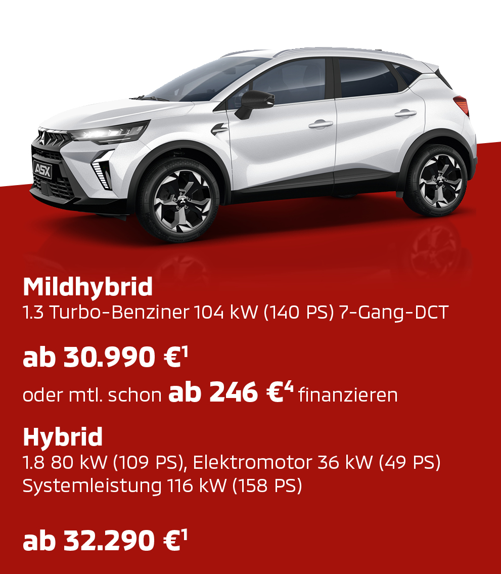 Wei&szlig;er Mitsubishi ASX Select in der Seitenansicht mit Preis- und Ausstattungsinfo.