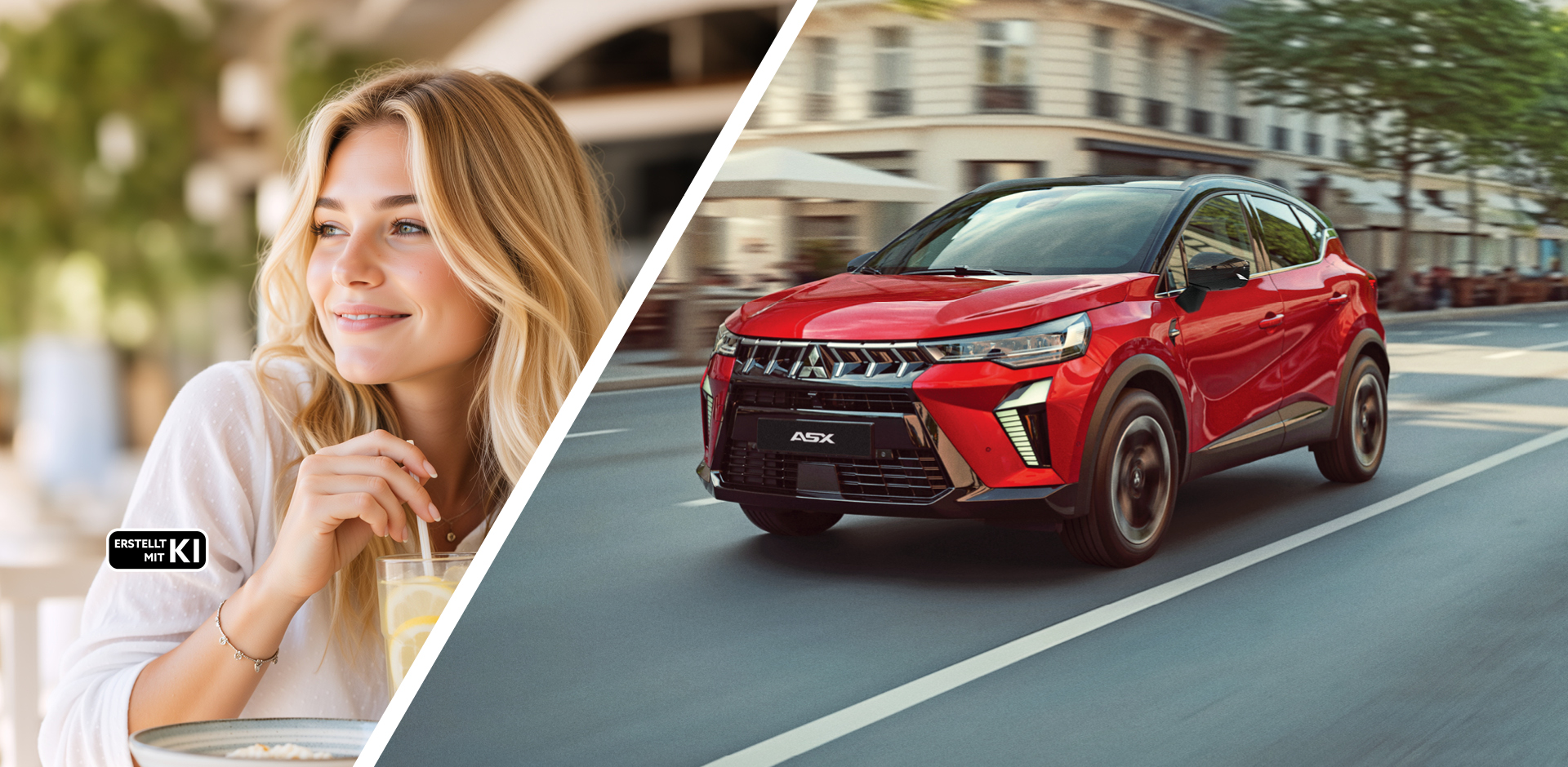 Zweigeteiltes Motiv; links eine blonde Frau mit einem Getr&auml;nk im Caf&eacute;; rechts ein roter Mitsubishi ASX Select, der auf einer urbanen Stra&szlig;e f&auml;hrt; Erstellt mit KI.