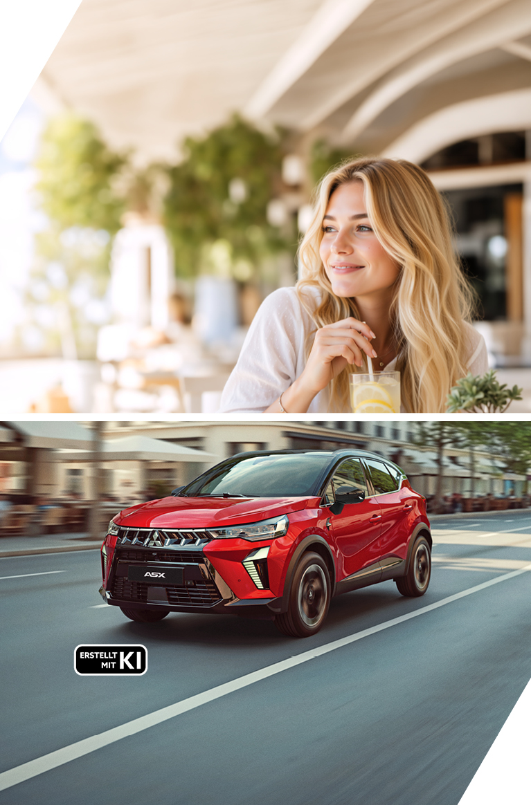 Zweigeteiltes Motiv; links eine blonde Frau mit einem Getr&auml;nk im Caf&eacute;; rechts ein roter Mitsubishi ASX Select, der auf einer urbanen Stra&szlig;e f&auml;hrt; Erstellt mit KI.
