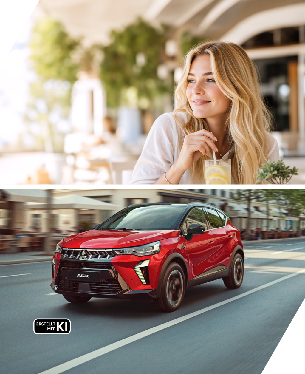 Zweigeteiltes Motiv; links eine blonde Frau mit einem Getr&auml;nk im Caf&eacute;; rechts ein roter Mitsubishi ASX Select, der auf einer urbanen Stra&szlig;e f&auml;hrt; Erstellt mit KI.