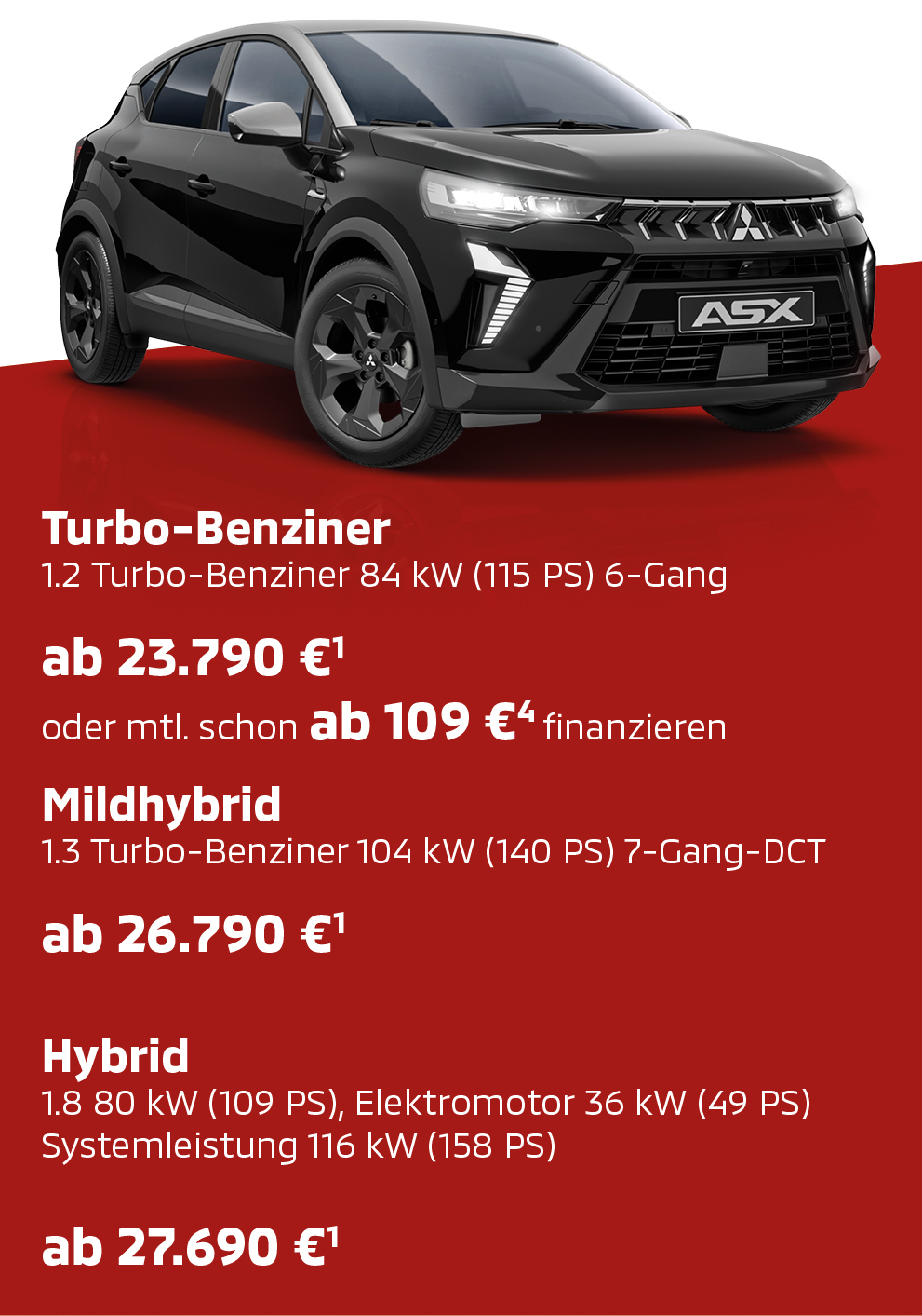 Mitsubishi ASX Black Sondermodell in schr&auml;ger Front Seitenansicht auf rotem Untergrund vor wei&szlig;em Hintergrund, betont das dynamische, sportliche Exterieur des Sondermodells.