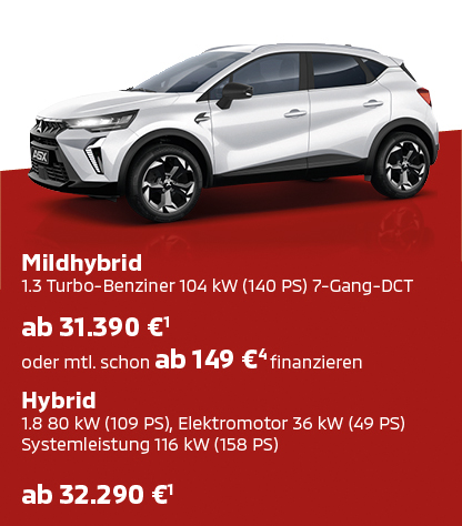 Wei&szlig;er Mitsubishi ASX Select Sondermodell in schr&auml;ger Front Seitenansicht auf rotem Untergrund vor wei&szlig;em Hintergrund.