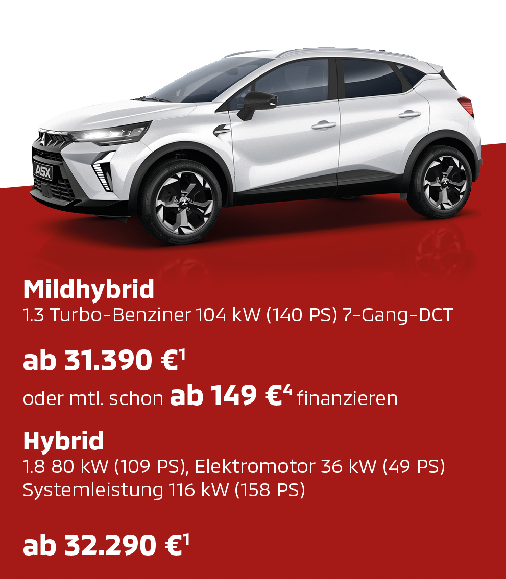 Wei&szlig;er Mitsubishi ASX Select Sondermodell in schr&auml;ger Front Seitenansicht auf rotem Untergrund vor wei&szlig;em Hintergrund.