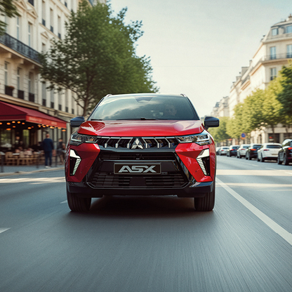Frontansicht eines roten Mitsubishi ASX Select, der auf einer breiten Stadtstra&szlig;e mit B&auml;umen und Caf&eacute;s im Hintergrund f&auml;hrt; das Bild betont den markanten K&uuml;hlergrill und die dynamische Pr&auml;senz des City SUV im urbanen Verkehr.