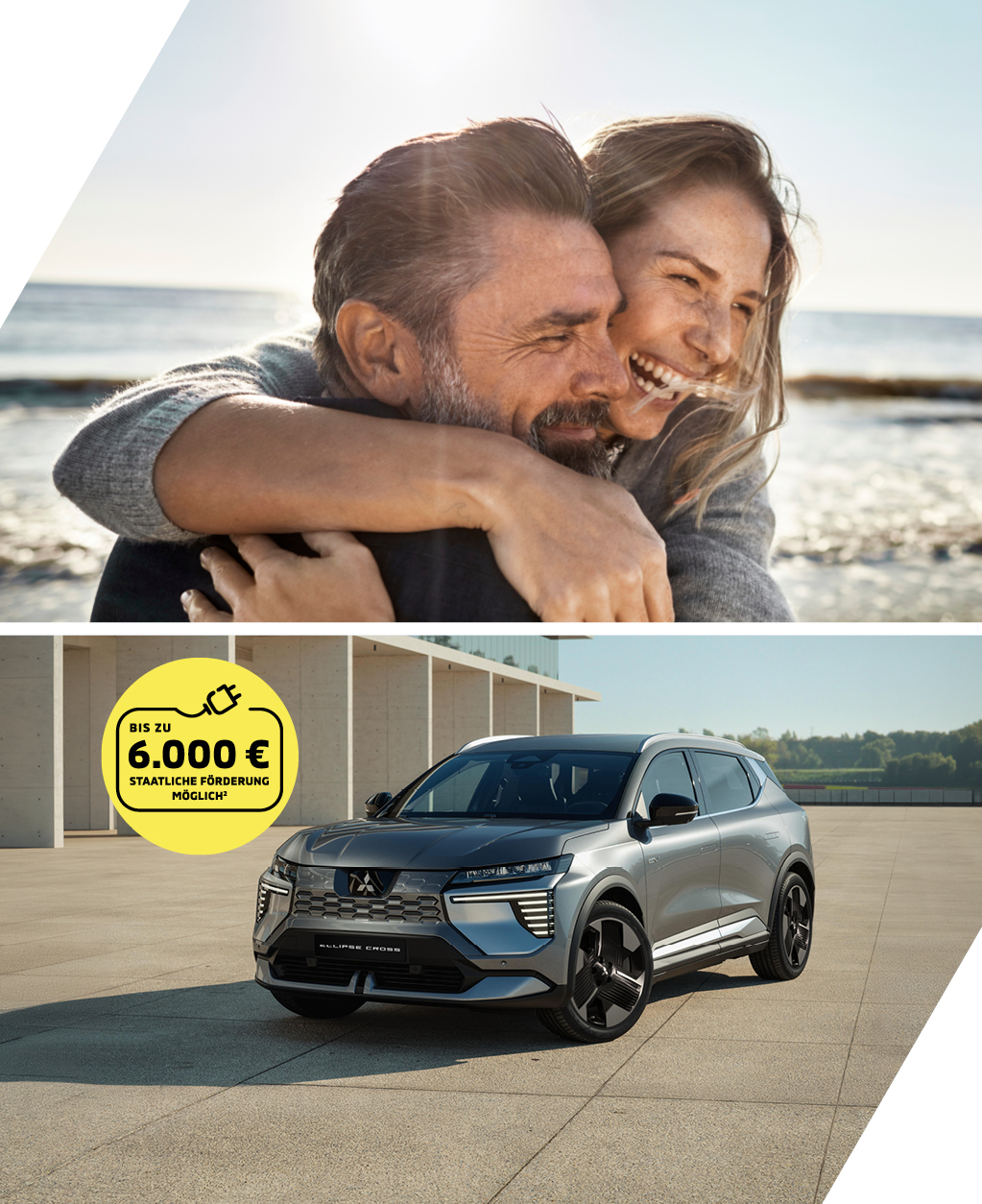 Das Eclipse Cross Sondermodell Ein Paar umarmt sich neben einem modernen grauen Mitsubishi Eclipse Cross; oben rechts weist ein gelbes Symbol auf bis zu 6.000 € staatliche Förderung hin.