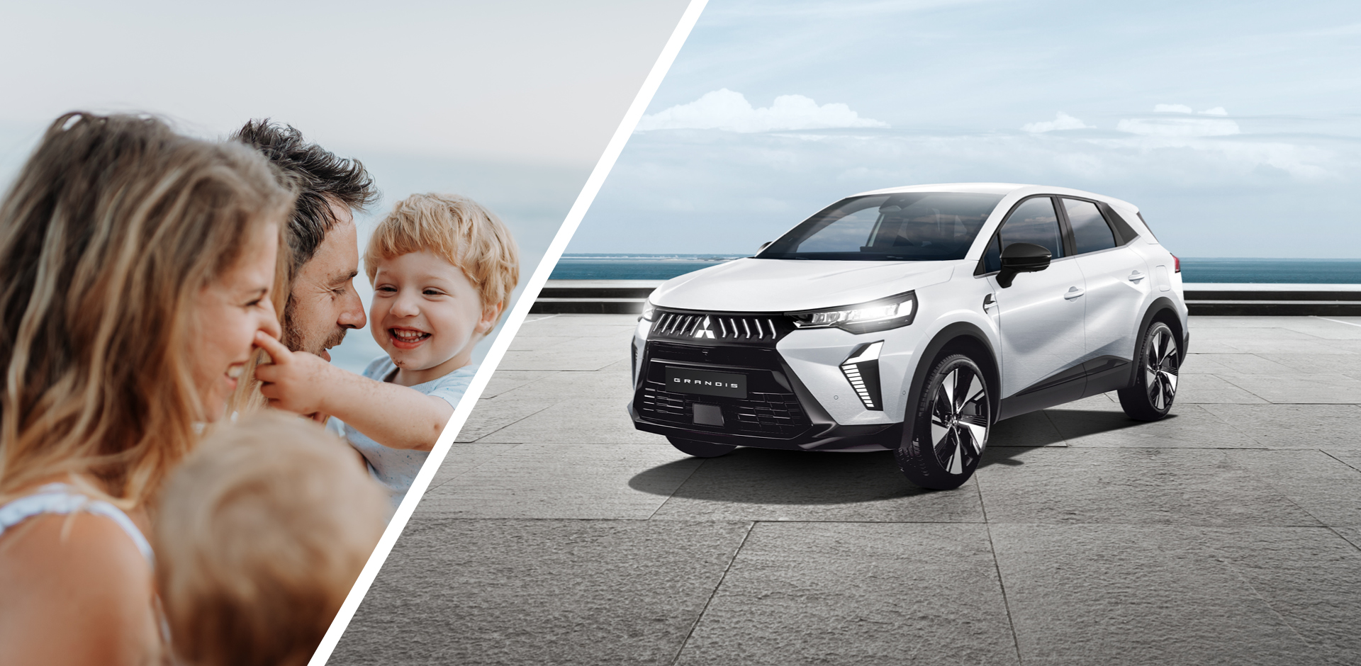 Zweiteiliges Motiv: Eine lachende Familie - bestehend aus 2 Kindern, Mutter und Vater - am Meer; ein wei&szlig;er Mitsubishi Grandis, der auf einer steinernen Promenade mit Blick auf das Wasser geparkt ist.