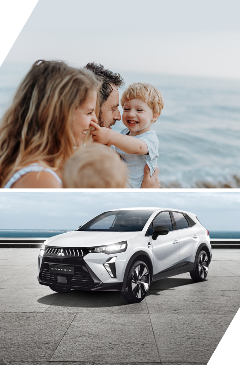 Zweiteiliges Motiv: Eine lachende Familie - bestehend aus 2 Kindern, Mutter und Vater - am Meer; ein wei&szlig;er Mitsubishi Grandis, der auf einer steinernen Promenade mit Blick auf das Wasser geparkt ist.