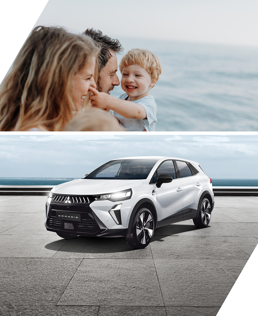 Zweiteiliges Motiv: Eine lachende Familie - bestehend aus 2 Kindern, Mutter und Vater - am Meer; ein wei&szlig;er Mitsubishi Grandis, der auf einer steinernen Promenade mit Blick auf das Wasser geparkt ist.