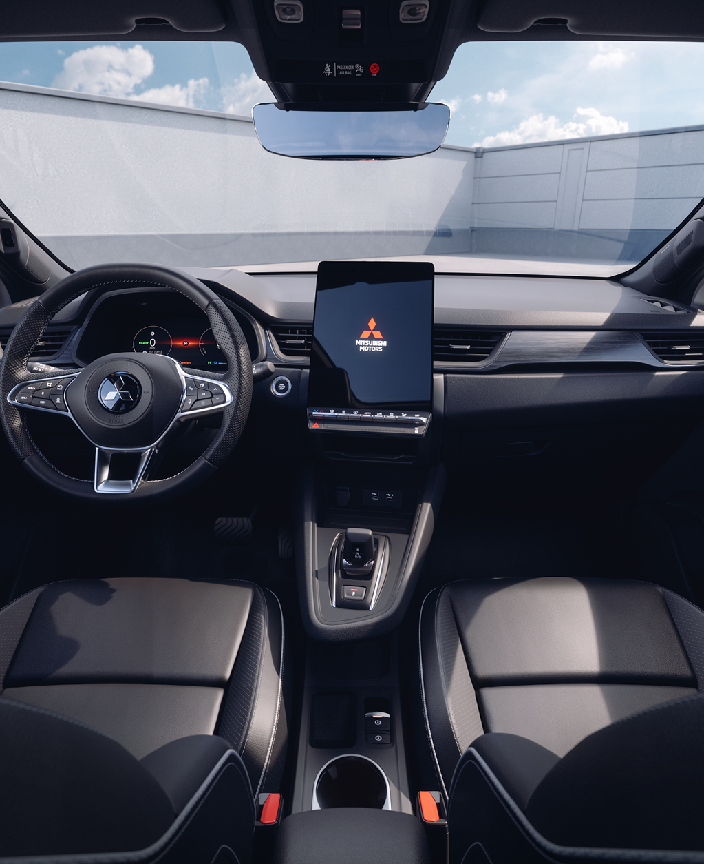 Modernes Cockpit des Mitsubishi Grandis mit Multifunktionslenkrad und gro&szlig;em, hochformatigem Touchscreen in der Mittelkonsole.