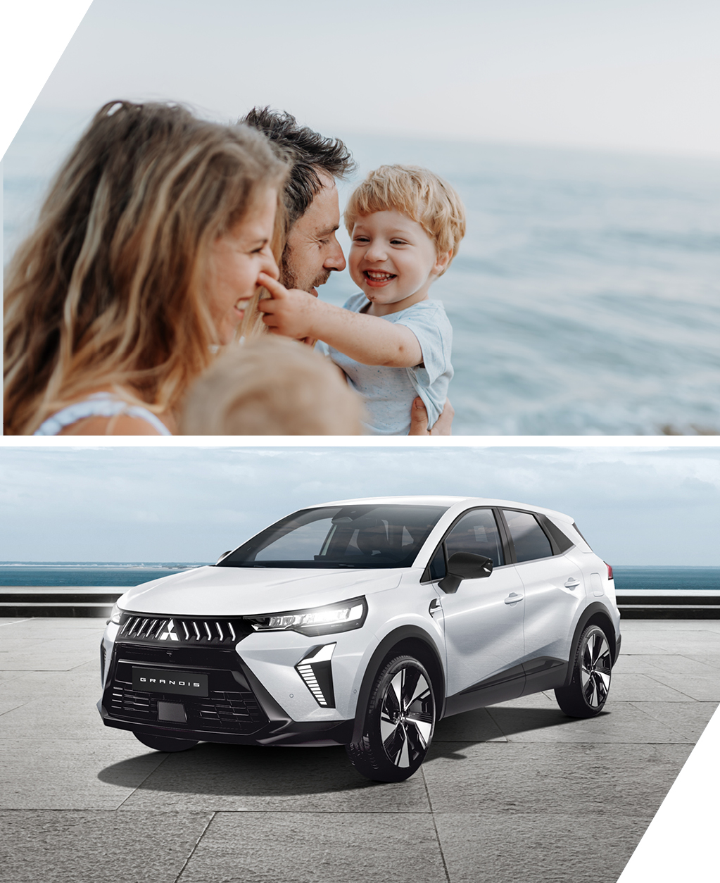 Zweigeteiltes Motiv; links eine Familie mit zwei Erwachsenen und zwei Kindern neben; rechts ein wei&szlig;er Mitsubishi Grandis an einer K&uuml;stenpromenade.