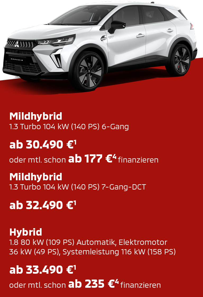Wei&szlig;er Mitsubishi Grandis Select in der Seitenansicht mit Preis- und Ausstattungsinfo.