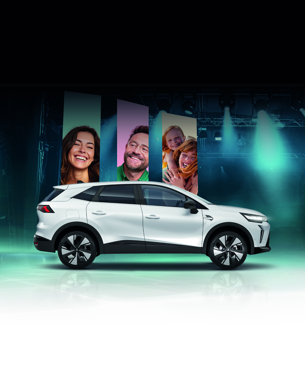 Immer besonders: die Grandis Sondermodelle Mitsubishi Grandis Intro Edition in Himalaya-Weiß vor bunter Bühne mit fröhlichen Menschen