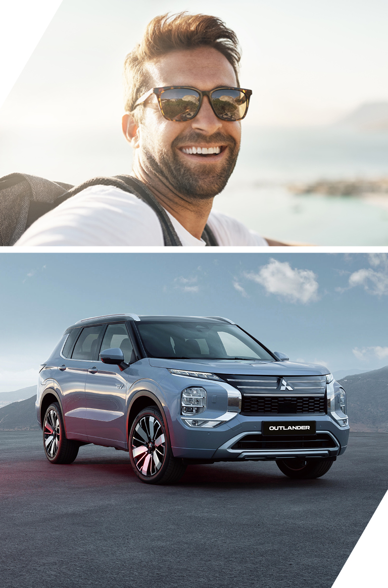 Moderne Outdoor-Szene mit jungem Mann mit Sonnenbrille und dem Mitsubishi Outlander vor Bergkulisse und Sonnenschein im Splitscreen.