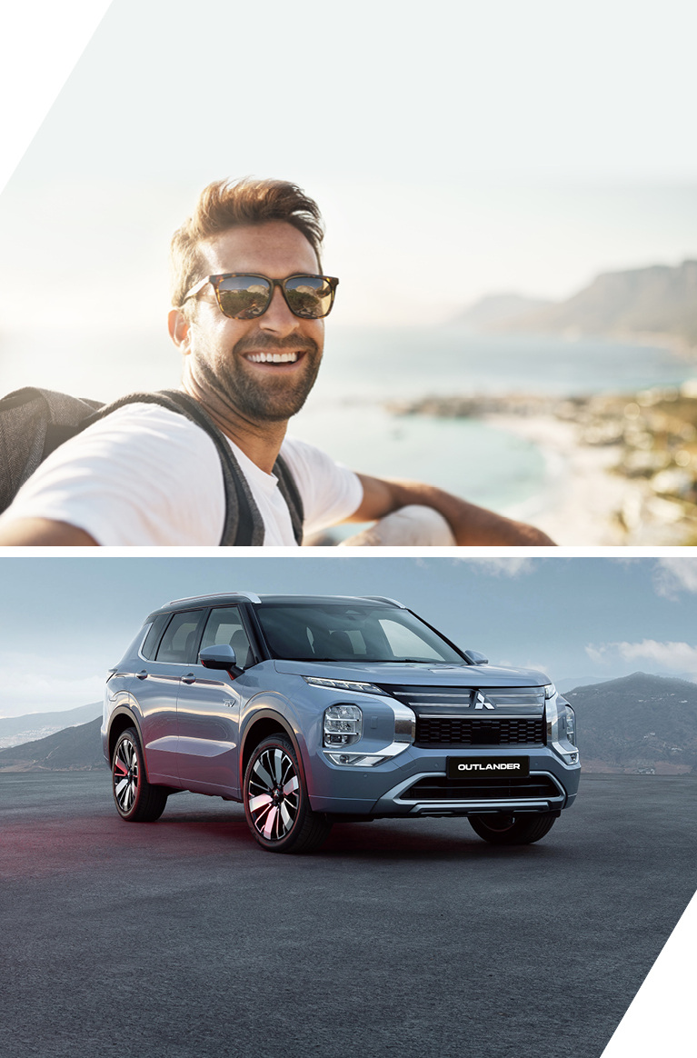 Moderne Outdoor-Szene mit jungem Mann mit Sonnenbrille und dem Mitsubishi Outlander vor Bergkulisse und Sonnenschein im Splitscreen.