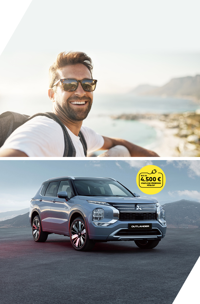 Moderne Outdoor-Szene mit jungem Mann mit Sonnenbrille und dem Mitsubishi Outlander vor Bergkulisse und Sonnenschein im Splitscreen.