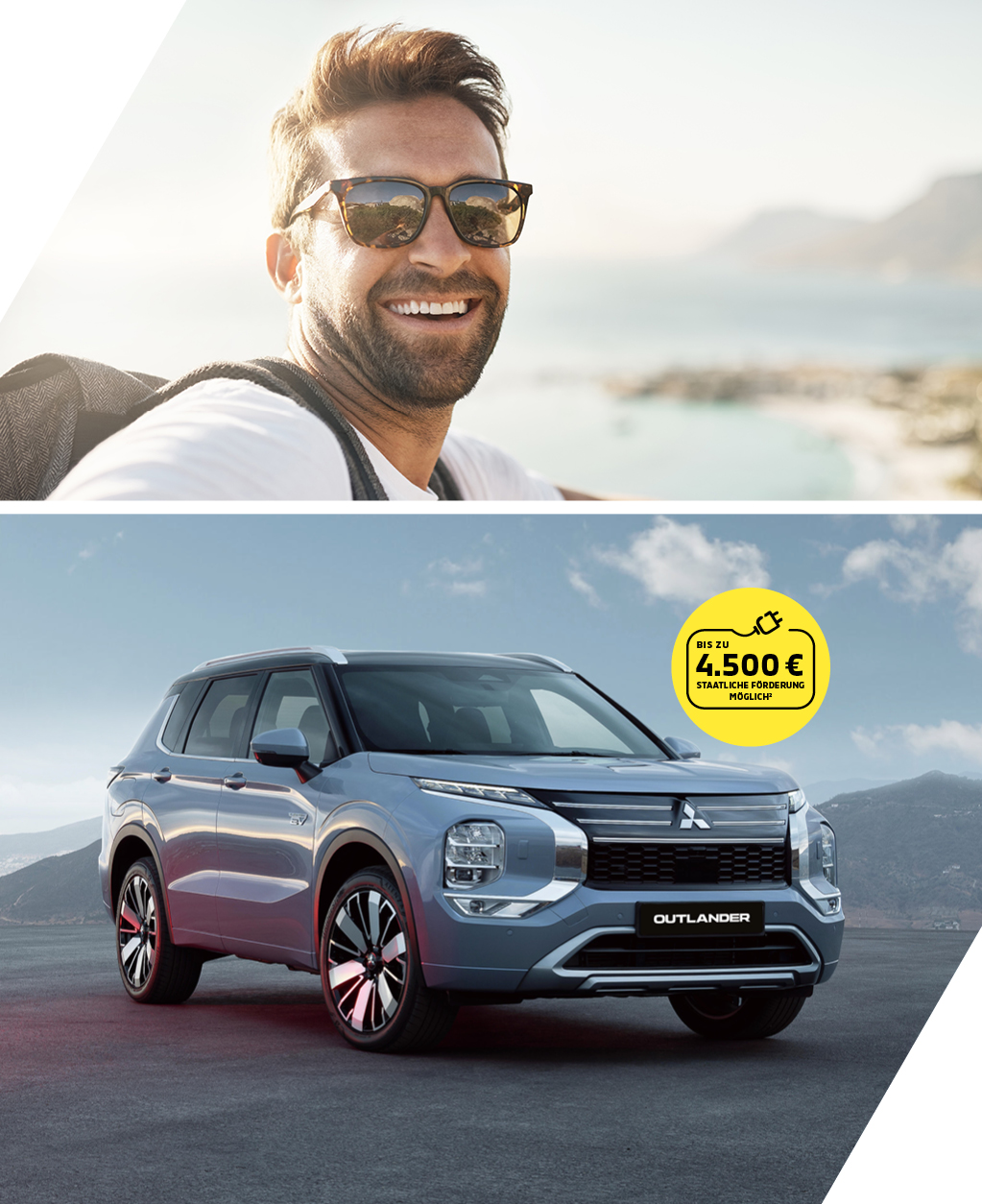 Moderne Outdoor-Szene mit jungem Mann mit Sonnenbrille und dem Mitsubishi Outlander vor Bergkulisse und Sonnenschein im Splitscreen.