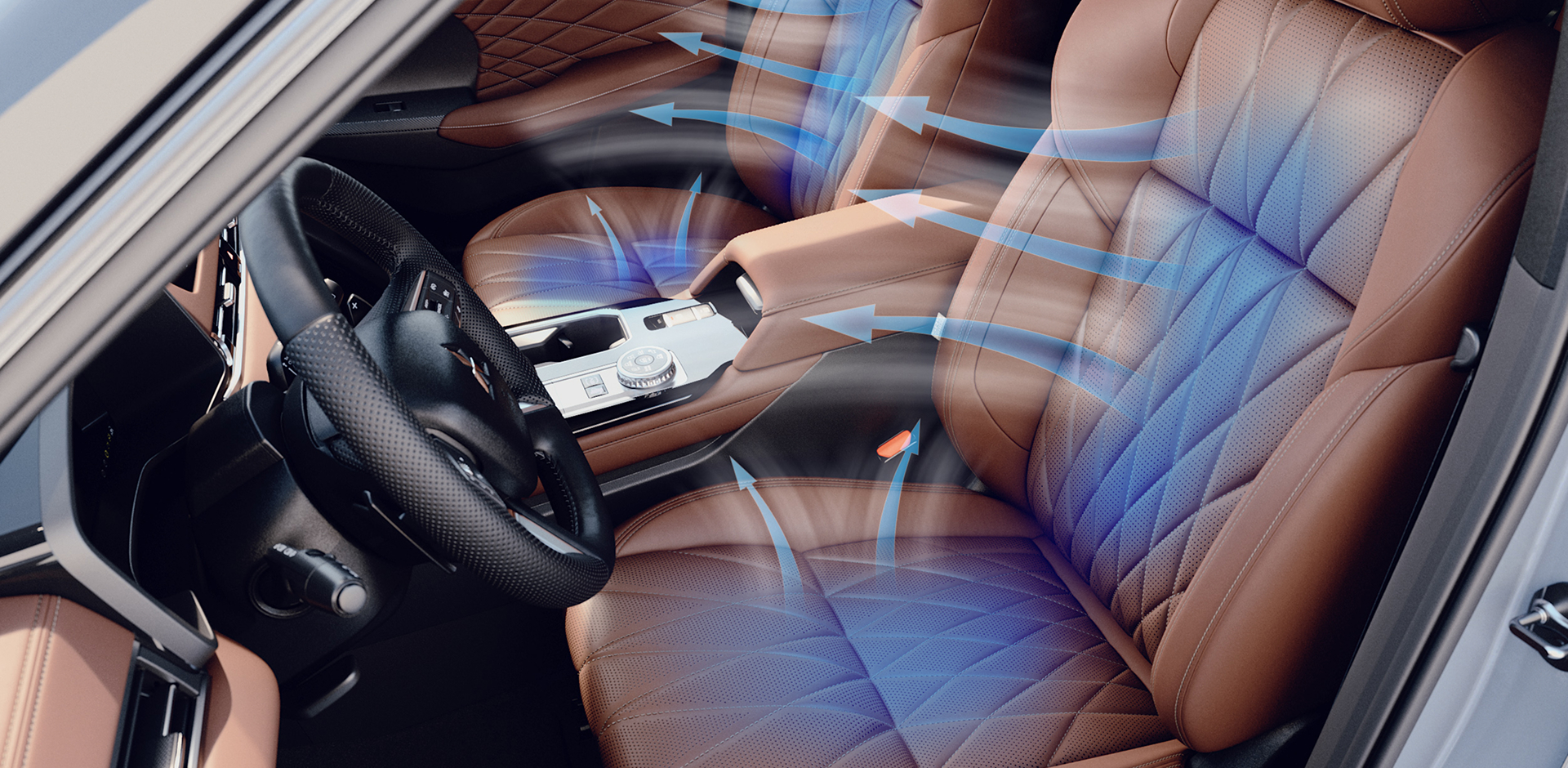 Klimatisierte Vordersitze eines Mitsubishi Outlander in braunem Leder, mit sichtbarem Luftstrom und detaillierter Innenansicht