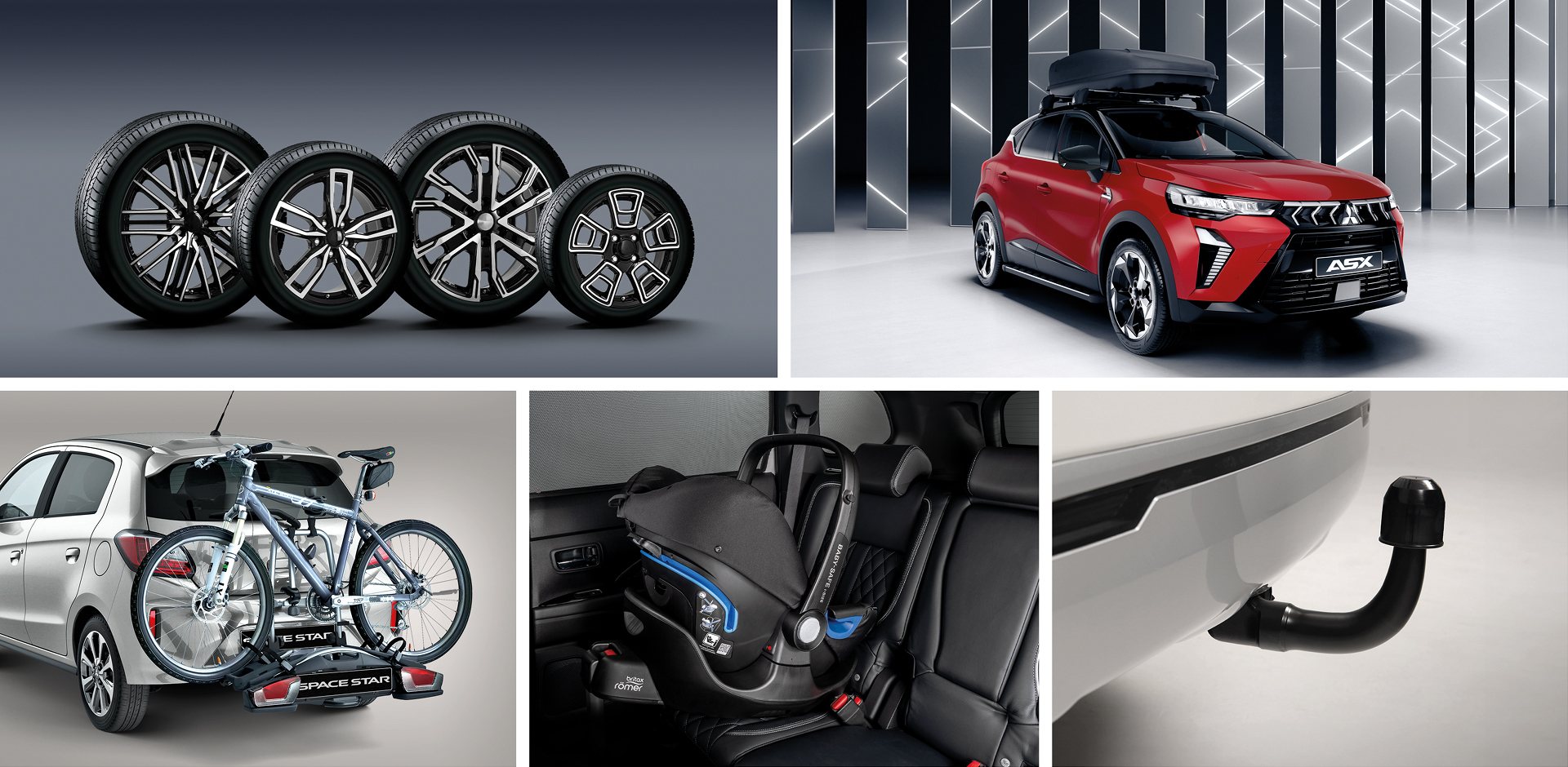 Collage mit verschiedenen Autozubeh&ouml;rteilen: vier unterschiedliche Leichtmetallfelgen, ein roter Mitsubishi ASX SUV im Studio, ein Fahrradtr&auml;ger mit zwei R&auml;dern am Heck eines wei&szlig;en Fahrzeugs, ein montierter Kindersitz im Fond sowie eine Anh&auml;ngerkupplung am Heck.
