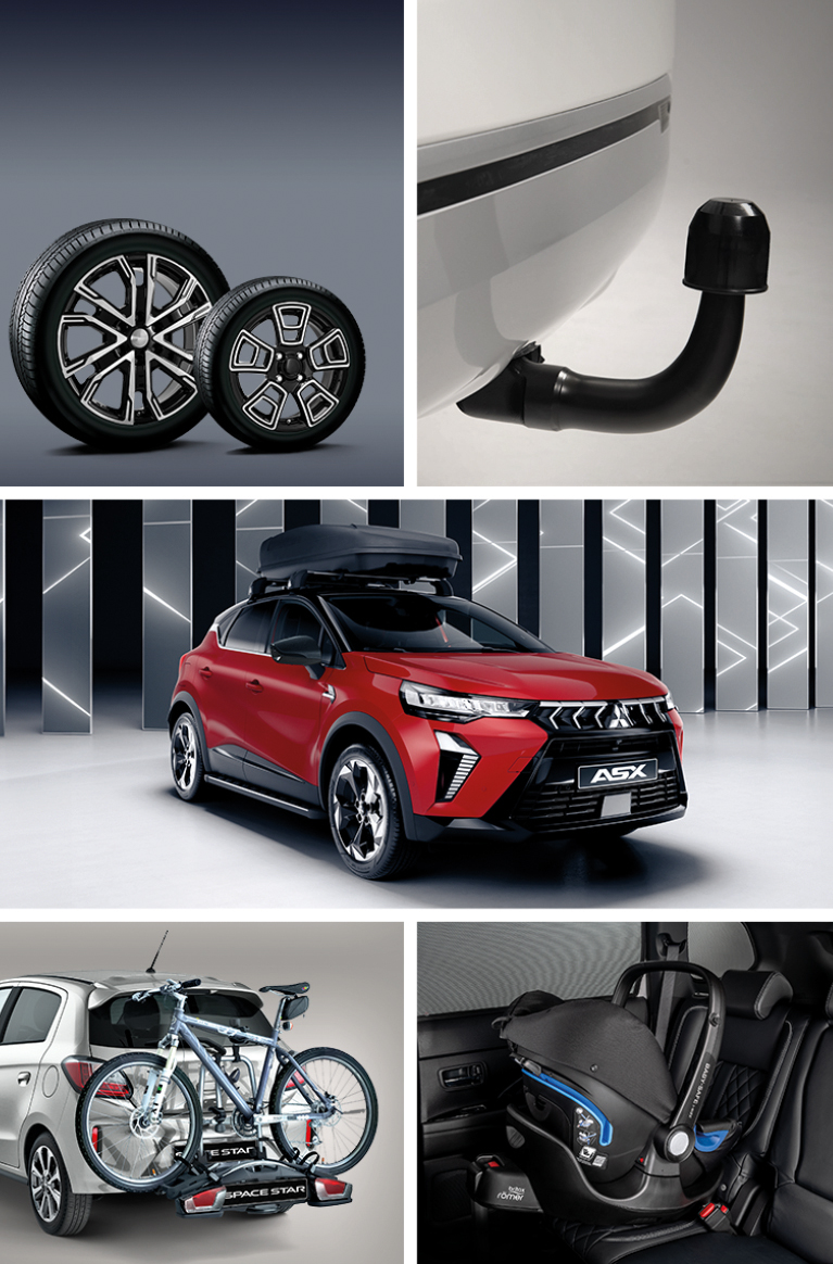 Collage mit verschiedenen Autozubeh&ouml;rteilen: vier unterschiedliche Leichtmetallfelgen, ein roter Mitsubishi ASX SUV im Studio, ein Fahrradtr&auml;ger mit zwei R&auml;dern am Heck eines wei&szlig;en Fahrzeugs, ein montierter Kindersitz im Fond sowie eine Anh&auml;ngerkupplung am Heck.