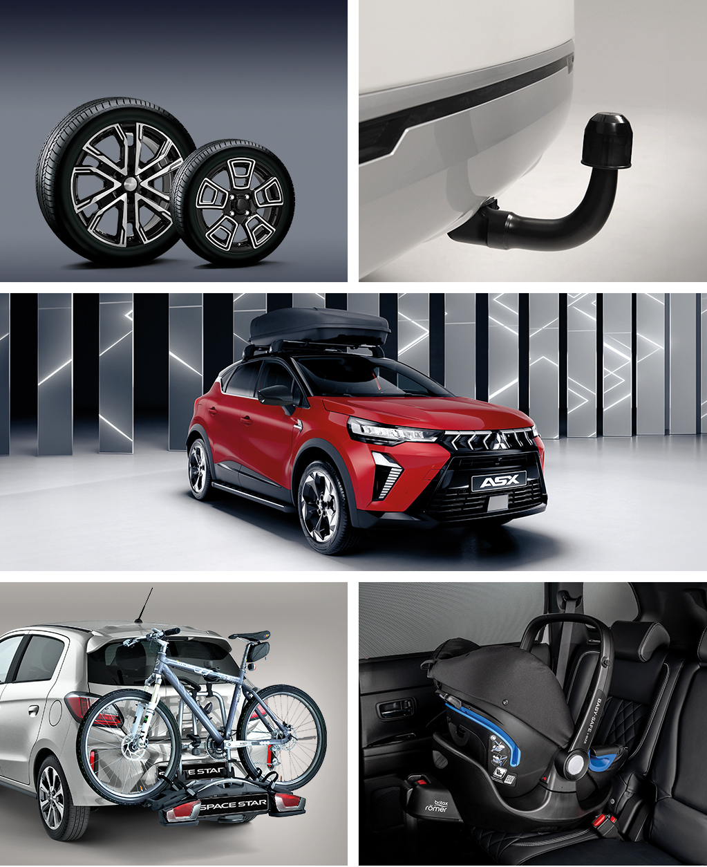 Collage mit verschiedenen Autozubeh&ouml;rteilen: vier unterschiedliche Leichtmetallfelgen, ein roter Mitsubishi ASX SUV im Studio, ein Fahrradtr&auml;ger mit zwei R&auml;dern am Heck eines wei&szlig;en Fahrzeugs, ein montierter Kindersitz im Fond sowie eine Anh&auml;ngerkupplung am Heck.