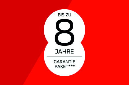 Herstellergarantie: Garantiepaket Service Weißer, runder Hinweisbutton auf rotem Hintergrund mit der Aufschrift „Bis zu 8 Jahre Garantiepaket***"