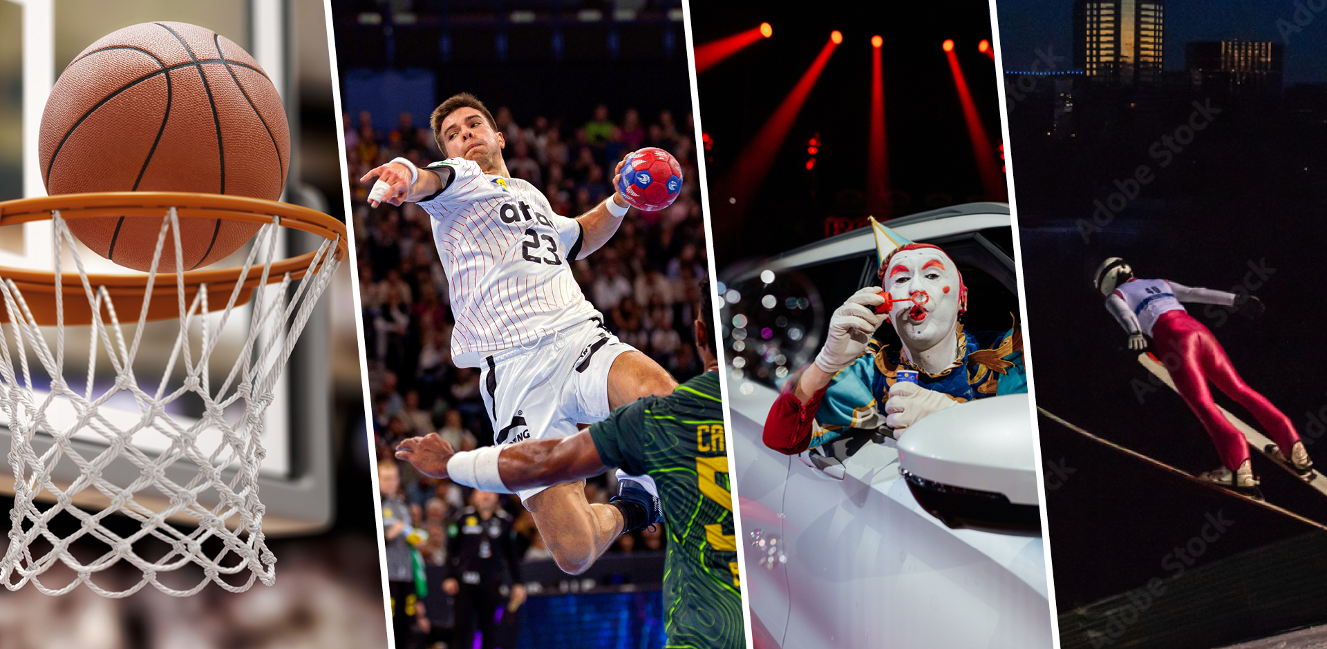 Eine Collage aus 4 Bildern: Basketball trifft ins Netz eines Basketballkorbs, Handballspieler springt zum Wurf an, ein Clown des Cirkus Roncalli in einem Mitsubishi, Skispringer fliegt durch die Luft bei Nacht.