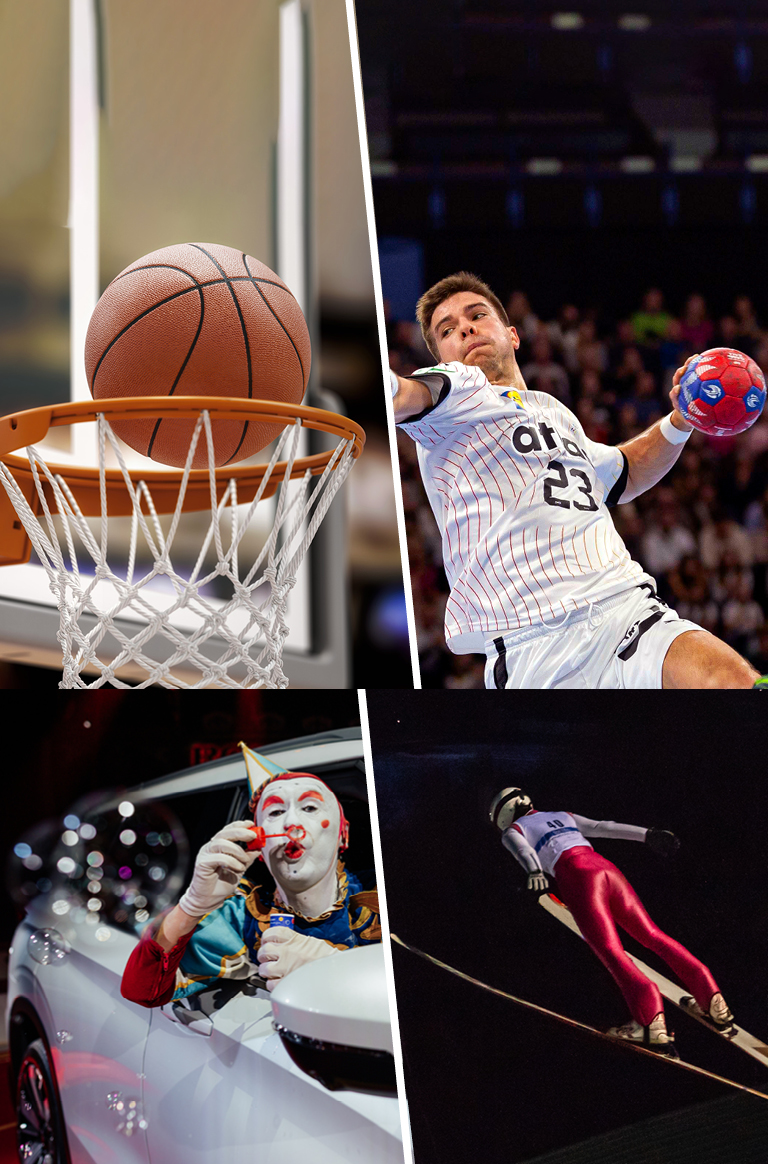 Eine Collage aus 4 Bildern: Basketball trifft ins Netz eines Basketballkorbs, Handballspieler springt zum Wurf an, ein Clown des Cirkus Roncalli in einem Mitsubishi, Skispringer fliegt durch die Luft bei Nacht.