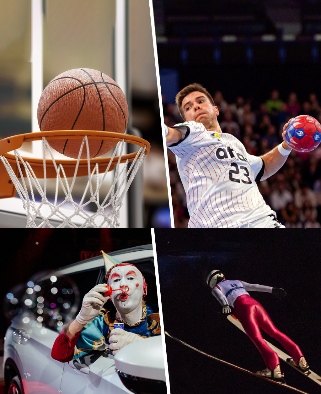 Eine Collage aus 4 Bildern: Basketball trifft ins Netz eines Basketballkorbs, Handballspieler springt zum Wurf an, ein Clown des Cirkus Roncalli in einem Mitsubishi, Skispringer fliegt durch die Luft bei Nacht.