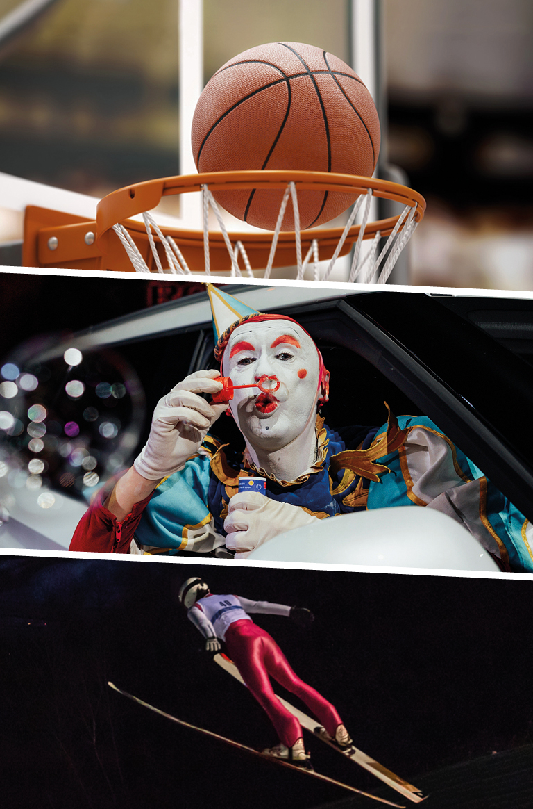 Dreiteiliges Bild: Links ein Basketball, der in einen Korb f&auml;llt; in der Mitte eine geschminkte Zirkusfigur, die aus einem Auto Seifenblasen bl&auml;st; rechts eine Person im Skisprunganzug, die nachts von einer Schanze abspringt.