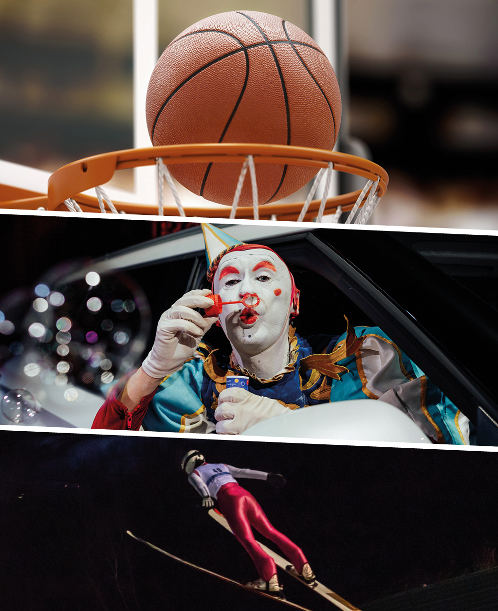 Dreiteiliges Bild: Links ein Basketball, der in einen Korb f&auml;llt; in der Mitte eine geschminkte Zirkusfigur, die aus einem Auto Seifenblasen bl&auml;st; rechts eine Person im Skisprunganzug, die nachts von einer Schanze abspringt.