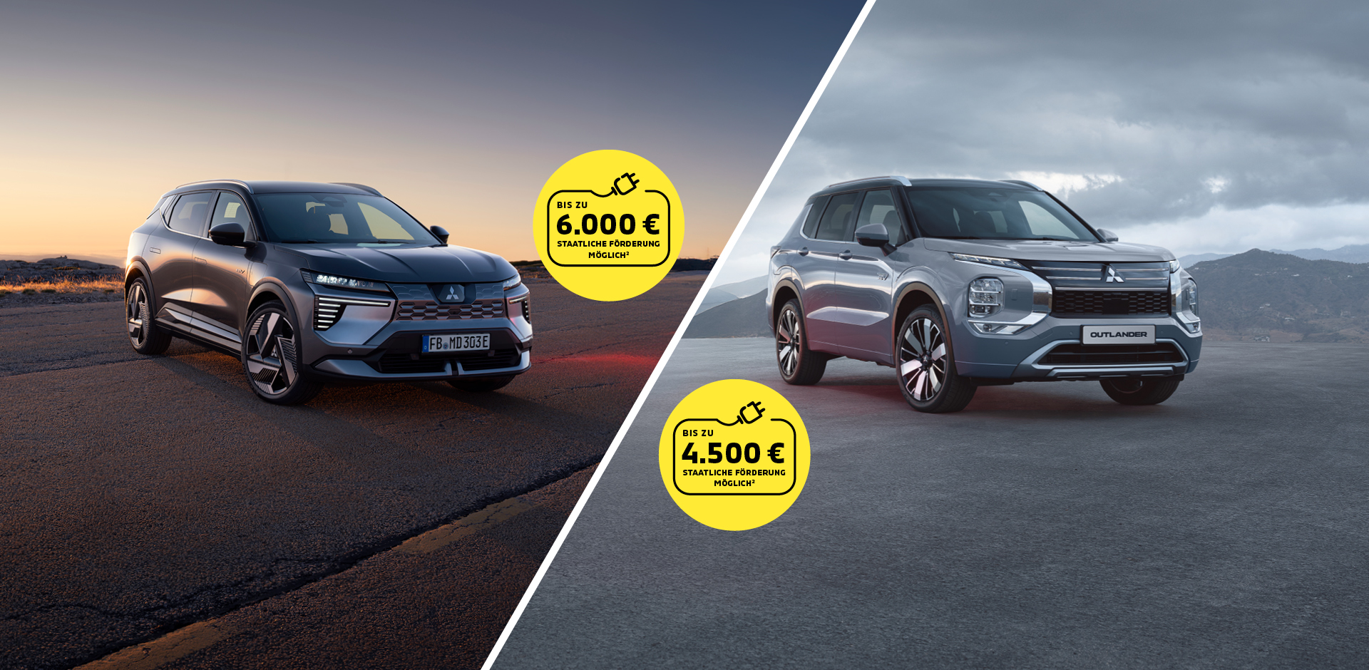 Mitsubishi Eclipse Cross und Mitsubishi Outlander: E-Prämie Der Mitsubishi Eclipse Cross links und der Mitsubishi Outlander rechts in einem Split Screen Bild