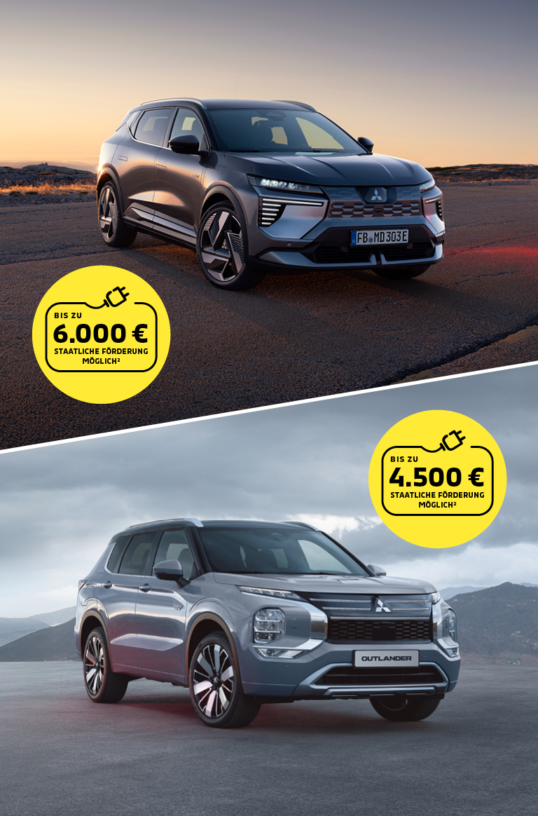 Mitsubishi Eclipse Cross und Mitsubishi Outlander: E-Prämie Der Mitsubishi Eclipse Cross links und der Mitsubishi Outlander rechts in einem Split Screen Bild