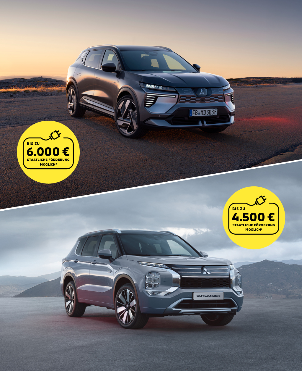 Mitsubishi Eclipse Cross und Mitsubishi Outlander: E-Prämie Der Mitsubishi Eclipse Cross links und der Mitsubishi Outlander rechts in einem Split Screen Bild