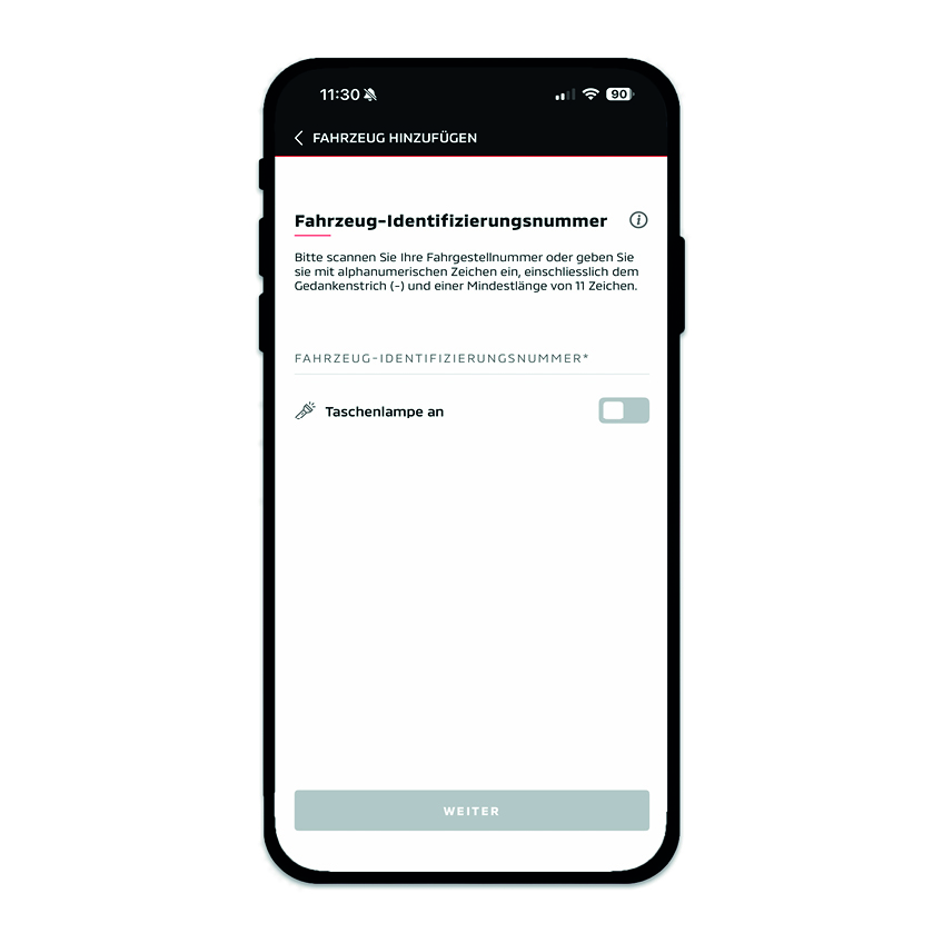 Smartphone-Display mit der MITSUBISHI MOTORS App-Seite zur Eingabe der Fahrzeug Identifizierungsnummer. Ein Textfeld f&uuml;r die VIN sowie ein Schalter zum Einschalten der Taschenlampe sind sichtbar, darunter ein ausgegrauter &bdquo;Weiter&ldquo;-Button.