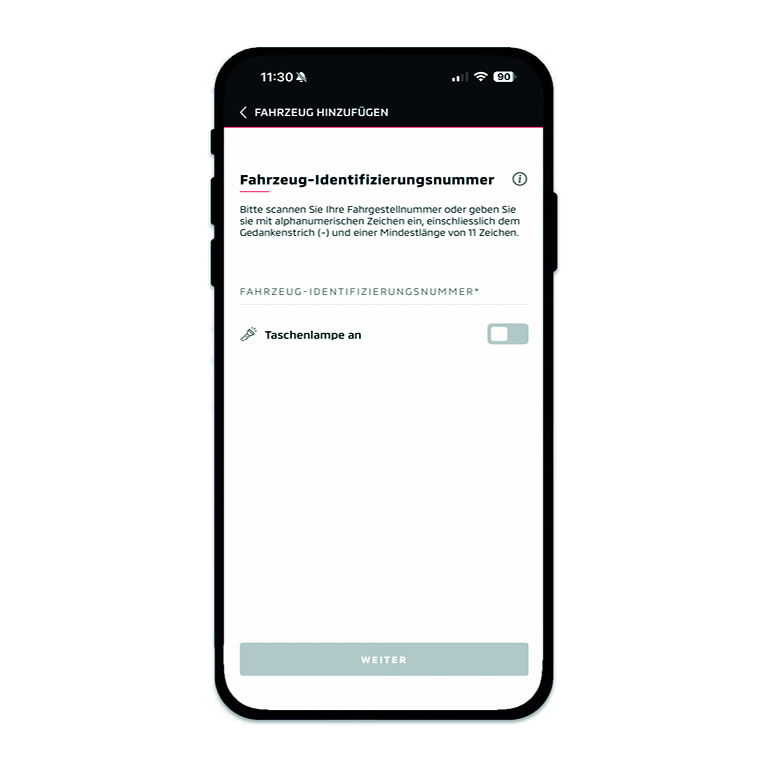 Smartphone-Display mit der MITSUBISHI MOTORS App-Seite zur Eingabe der Fahrzeug Identifizierungsnummer. Ein Textfeld f&uuml;r die VIN sowie ein Schalter zum Einschalten der Taschenlampe sind sichtbar, darunter ein ausgegrauter &bdquo;Weiter&ldquo;-Button.