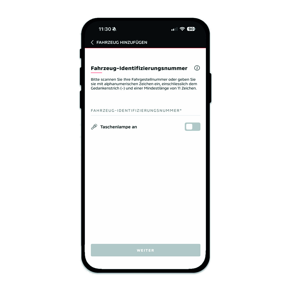 Smartphone-Display mit der MITSUBISHI MOTORS App-Seite zur Eingabe der Fahrzeug Identifizierungsnummer. Ein Textfeld f&uuml;r die VIN sowie ein Schalter zum Einschalten der Taschenlampe sind sichtbar, darunter ein ausgegrauter &bdquo;Weiter&ldquo;-Button.