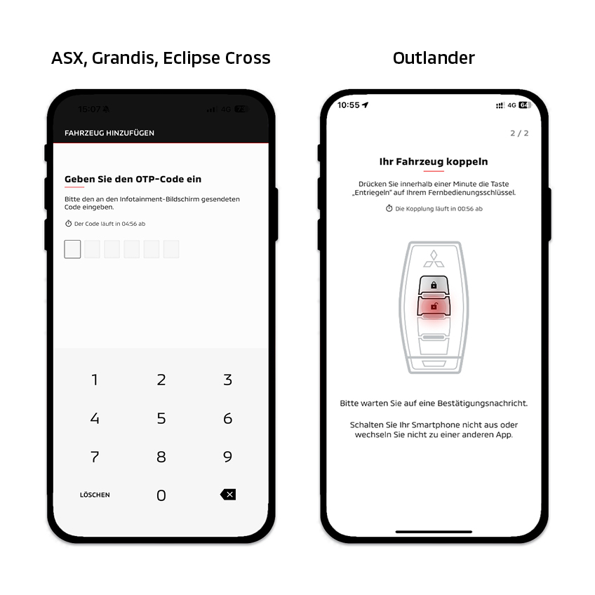 Zwei Smartphone Displays nebeneinander: Links ein Bildschirm zur Eingabe eines OTP Codes mit sechs leeren Eingabefeldern und numerischer Tastatur. Rechts ein Bildschirm zum Koppeln eines Fahrzeugs, der eine grafische Darstellung eines Autoschl&uuml;ssels mit hervorgehobener Entriegelungstaste sowie Hinweise zum Koppelvorgang zeigt.