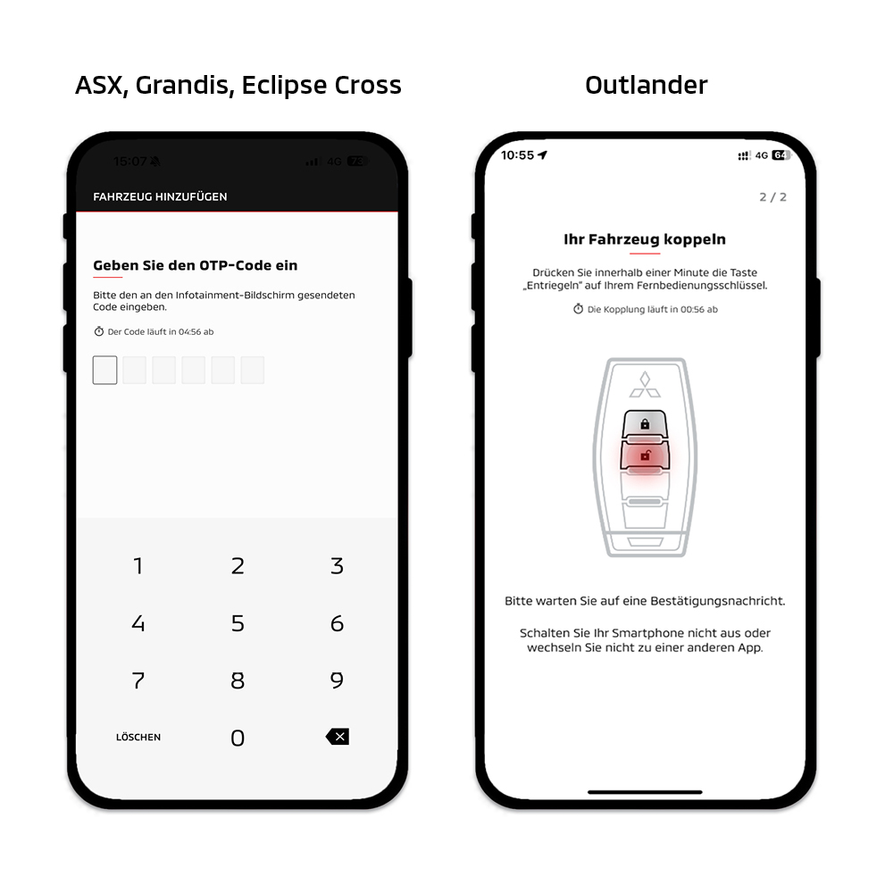 Zwei Smartphone Displays nebeneinander: Links ein Bildschirm zur Eingabe eines OTP Codes mit sechs leeren Eingabefeldern und numerischer Tastatur. Rechts ein Bildschirm zum Koppeln eines Fahrzeugs, der eine grafische Darstellung eines Autoschl&uuml;ssels mit hervorgehobener Entriegelungstaste sowie Hinweise zum Koppelvorgang zeigt.