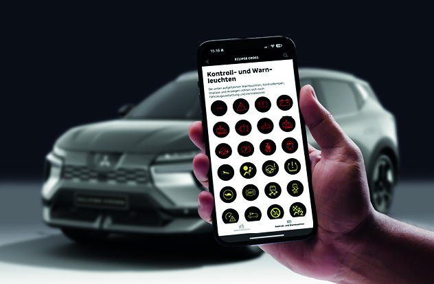 Ein Smartphone wird vor einem unscharf dargestellten Auto gehalten. Auf dem Display sind zahlreiche Kontroll- und Warnleuchten zu sehen, angeordnet in einer &uuml;bersichtlichen Symbolmatrix.